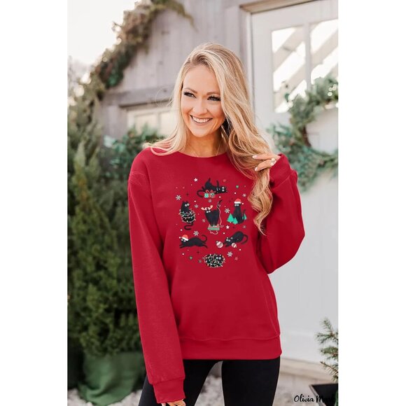 Women's Christmas Sweatshirt Cotton Polyester Spandex Cat Lover Holiday Top - Picture 3 of 6